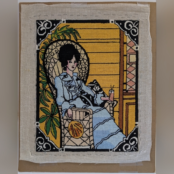 Vintage Other - Vintage Needlepoint Victorian Woman On Porch, Peacock Chair, Blocked & Mounted